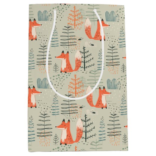 Cute Doodle Fox Forest Woodland Pattern Medium Cadeauzakje (Voorkant)
