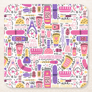 Cute Doodle Manicure Patroon Vierkante Kartonnen Onderzetter