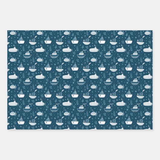 Cute Doodle Ocean Nautical Ships Pattern Inpakpapier Vel (Voorkant 2)