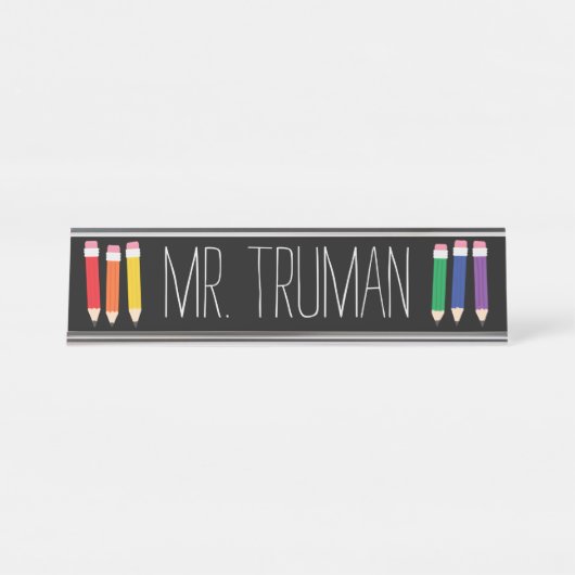 Cute Doodle Pencils Nom de l'enseignant Plaque (Devant)