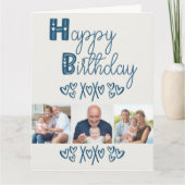 Cute Doodle Typography Blue Gray 3 Foto Birthday Kaart (Voorkant)