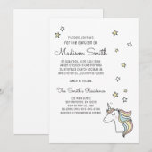 Cute Doodle Unicorn en Stars Baptism Invitation (Voorkant / Achterkant)
