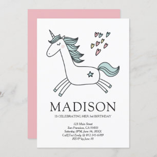 Cute Doodle Unicorn Hearts Birthday Uitnodiging