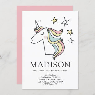 Cute Doodle Unicorn Stars Birthday Uitnodiging