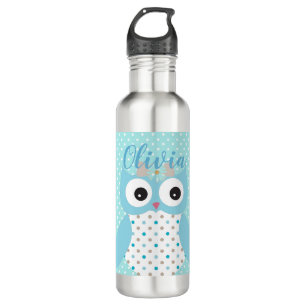 Cute Dotty Blue Owl Art gepersonaliseerd Waterfles