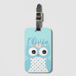Cute Dotty Blue Owl Art Personalized Girls Bagagelabel