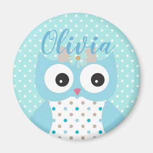 Cute Dotty Blue Owl Art Personalized Girls Magneet