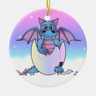 Cute Dragon Baby in Cracked Egg - Blauw / Paars Keramisch Ornament