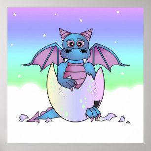 Cute Dragon Baby in Cracked Egg - Blauw / Paars Poster