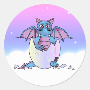 Cute Dragon Baby in Cracked Egg - Blauw / Paars Ronde Sticker