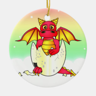 Cute Dragon Baby in gekraakte eieren - Rood/Geel Keramisch Ornament