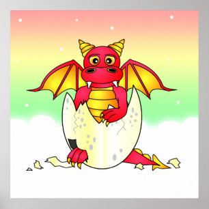 Cute Dragon Baby in gekraakte eieren - Rood/Geel Poster