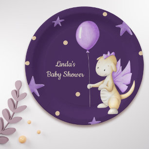 Cute Dragon met ballonvaardig Paars Baby shower Papieren Bordje