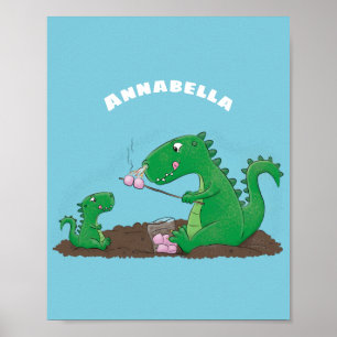Cute dragons roasting marshmallows cartoon poster