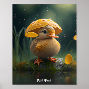 Cute Duck onder Yellow Umbrella in Rain Nursery Poster