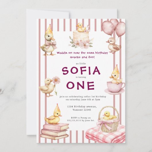 Cute Duckling First Birthday Invitation (Devant)