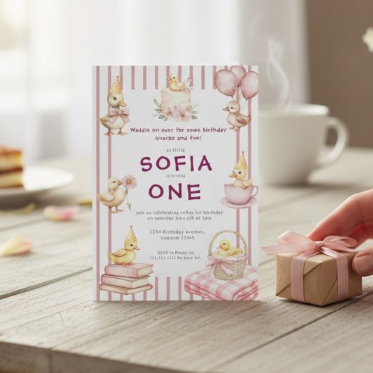 Cute Duckling First Birthday Invitation Kaart