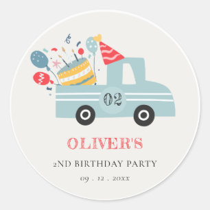 Cute Dusky Blue Any Age Birthday Party Cake Truck Ronde Sticker