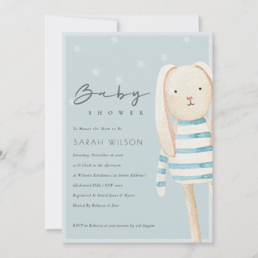 Cute Dusky Blue Bunny Baby shower Invitation (Devant)