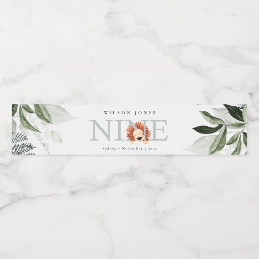 Cute Dusky Blue Lion Foliage 9th 9th Birthday Waterfles Etiket (Enkel label)