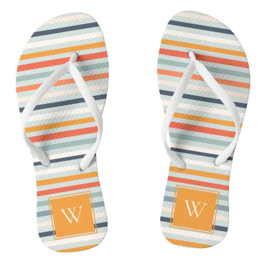 Cute Dusky Oranje Blue Ochre Striped Pattern Teenslippers (Voetbed)