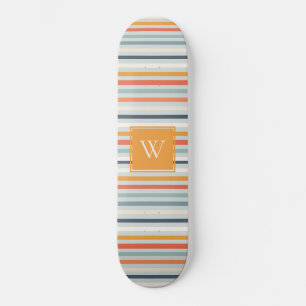 Cute Dusky Oranje Blue Striped Pattern Monogram Skateboard