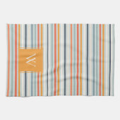 Cute Dusky Oranje Blue Striped Pattern Monogram Theedoek (Horizontaal)