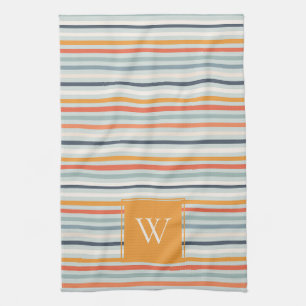 Cute Dusky Oranje Blue Striped Pattern Monogram Theedoek
