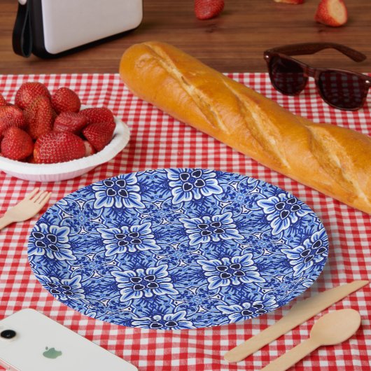 Cute Dutch Delft Blue Floral Pattern Papieren Bordje (Picknick)