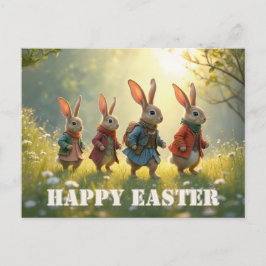 Cute Easter Bunnies Walking in Spring Meadow Briefkaart