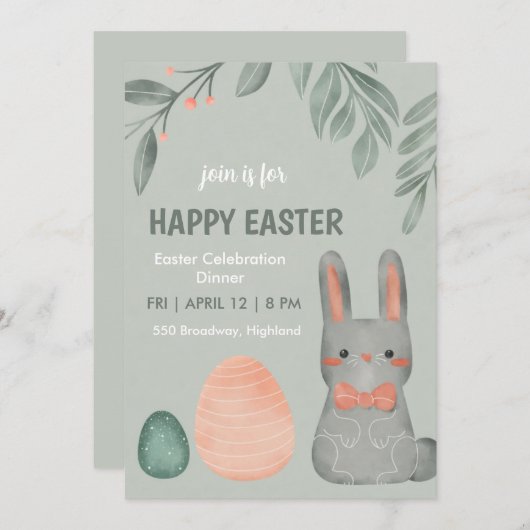 Cute Easter Bunny Celebration Dinner Invitation (Devant / Derrière)