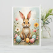 Cute Easter Bunny Eggs Flowers Flat Kaart (Staand voorkant)