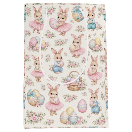 Cute Easter Bunny Floral Pattern - Pastel Spring Medium Cadeauzakje (Voorkant)