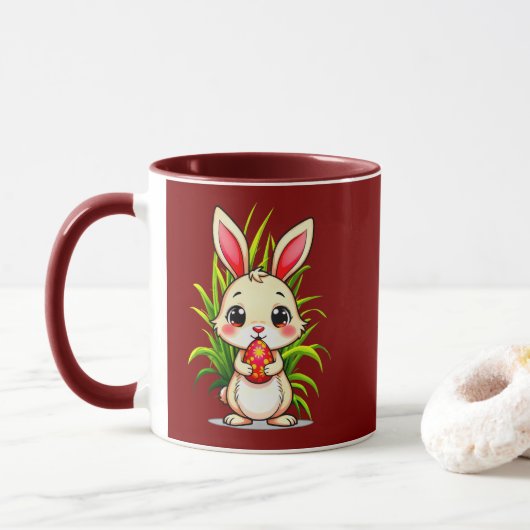 Cute Easter Bunny Holding Egg - caneca Mok (Met donut)