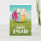 Cute Easter Bunny Hugging Striped Egg Feestdagen Kaart (Voorkant)