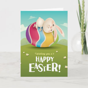 Cute Easter Bunny Hugging Striped Egg Feestdagen Kaart