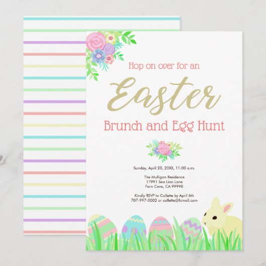Cute Easter Bunny Rabbit Floral Brunch Egg Hunt Kaart (Voorkant / Achterkant)