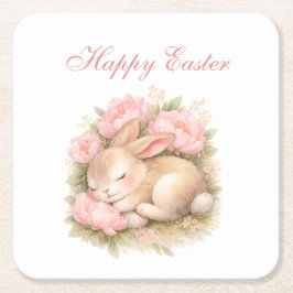 Cute Easter Bunny Rabbit Pink Blush Peony  Vierkante Kartonnen Onderzetter