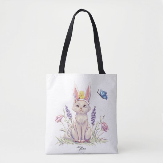 Cute Easter Cat with Chick Illustration Tote Bag (Voorkant)