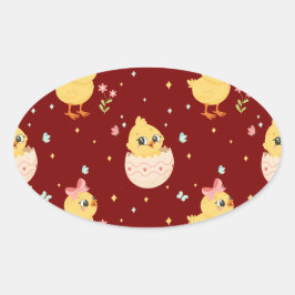 Cute Easter Chick with Pink Bow Seamless Pattern  Ovale Sticker