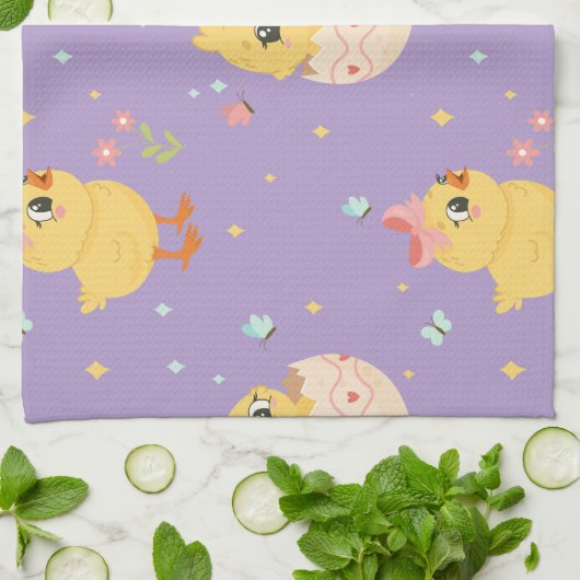 Cute Easter Chick with Pink Bow Seamless Pattern  Theedoek (Gevouwen)