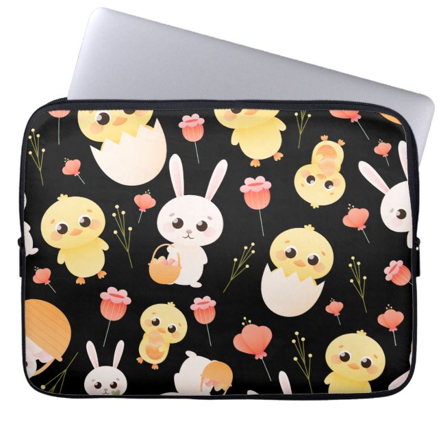 Cute Easter Chicks & Bunnies Seamless Pattern  Laptop Sleeve (Voorkant)