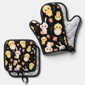 Cute Easter Chicks & Bunnies Seamless Pattern  Ovenwant & Pannenlap Set (Voorkant / Achterkant)