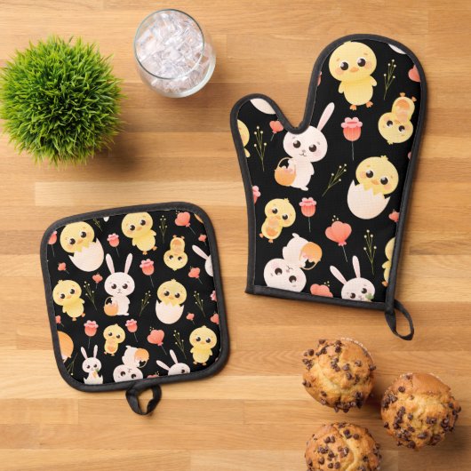 Cute Easter Chicks & Bunnies Seamless Pattern  Ovenwant & Pannenlap Set (Top down)