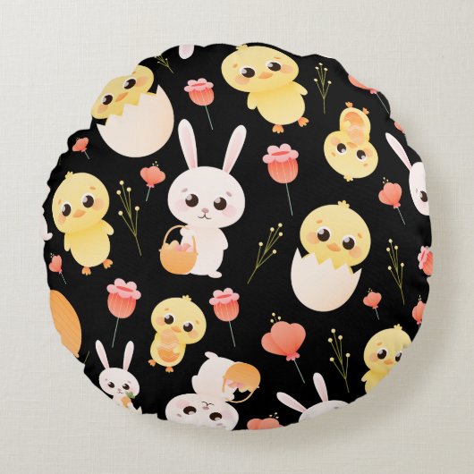 Cute Easter Chicks & Bunnies Seamless Pattern  Rond Kussen (Voorkant)