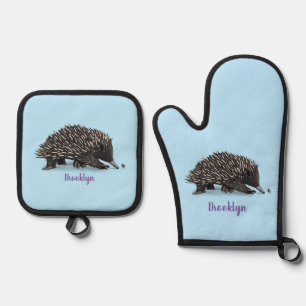 Cute echidna met bijen cartoon illustratie ovenwant & pannenlap set