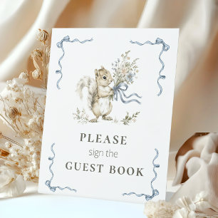 Cute Eekhoorn Baby Shower Gastboek Bord Blauw Reclamebord Met Voetstuk