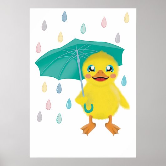Cute Eend Met Paraplu In Regenboog Regen  Poster (Voorkant)