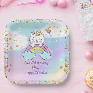 Cute Eenhoorn Kat Regenboog Meisje 1e Verjaardagsf Papieren Bordje