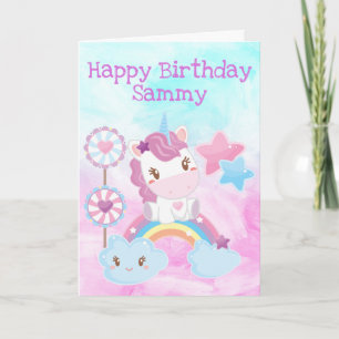 Cute Eenhoorn, Regenboog & Lolly Verjaardag Kaart